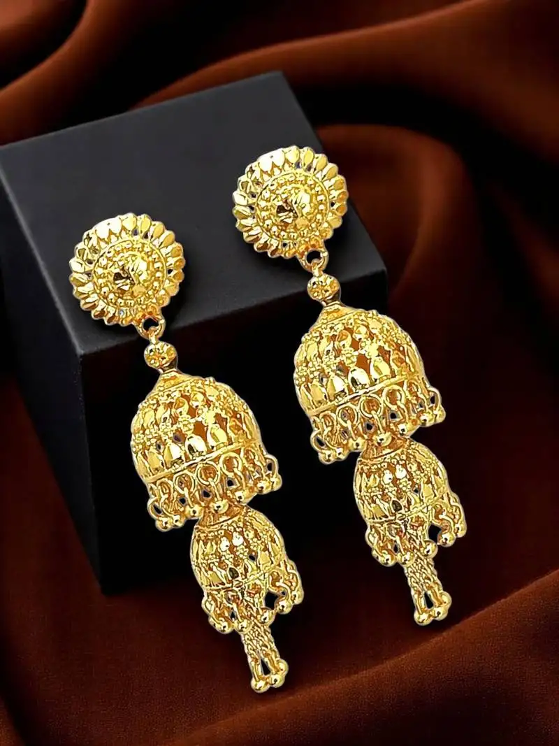 9blings gold plated double layered umbrella jhumka earrings