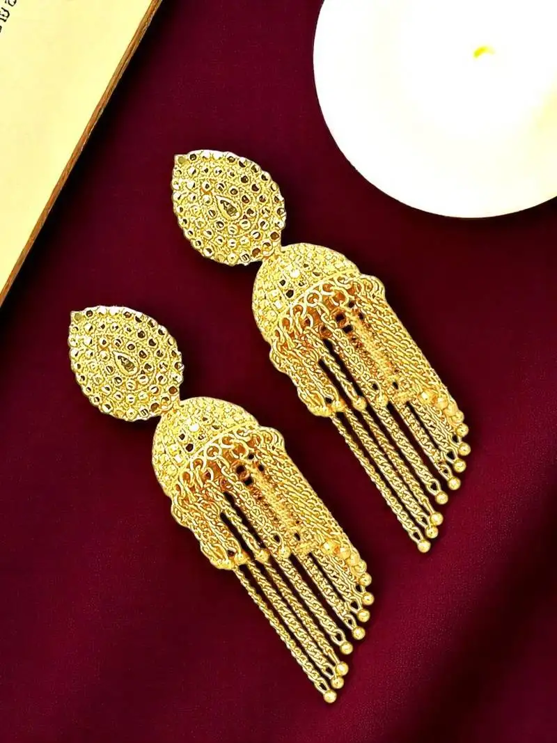 9blings gold plated layered tasseled jhumka earrings