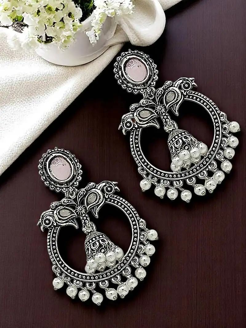 9blings silver oxidised peacock design mauve chandbali earrings