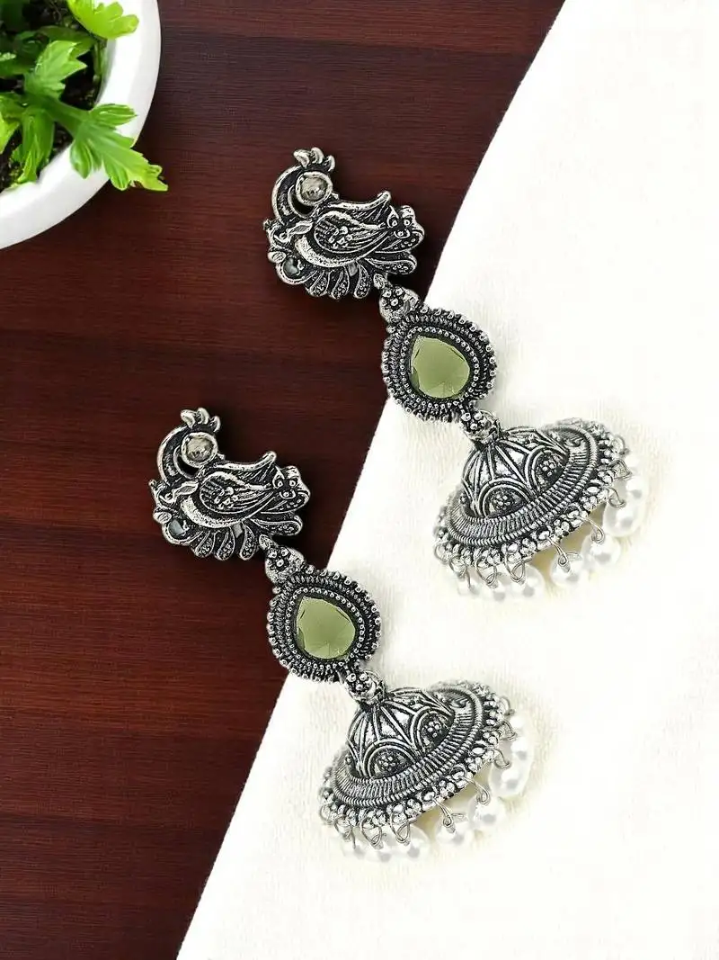 9blings silver oxidised peacock design olive green long jhumka earrings