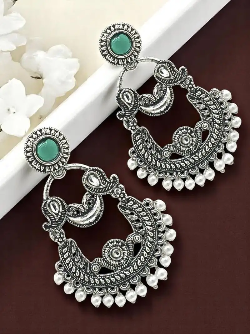 9blings silver oxidised kundan and stone studded chandbali earrings