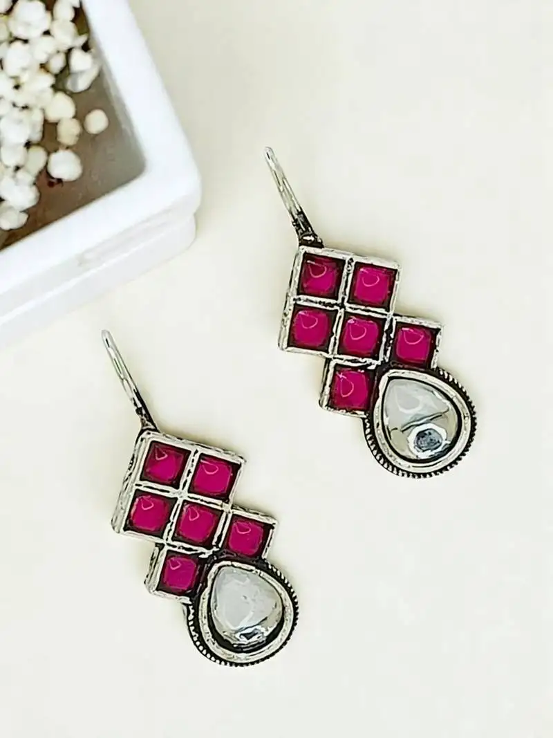 9blings silver oxidised pink stone checkered drop earrings