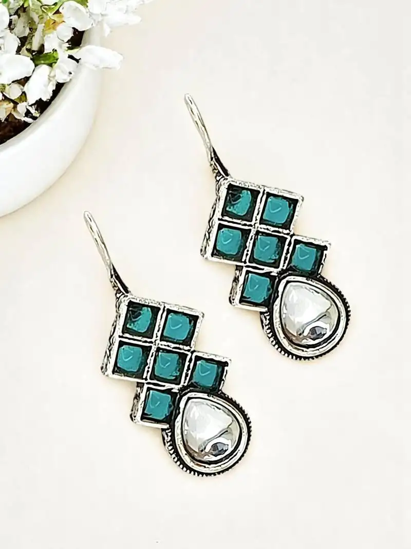 9blings silver oxidised teal stone checkered drop earrings
