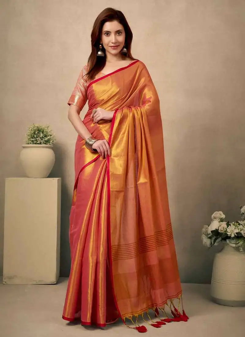 Coral contrast weave pallu tissue silk saree with lining blouse