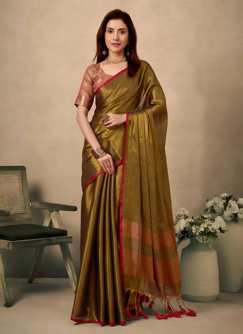 Olive contrast weave pallu tissue silk saree with lining blouse