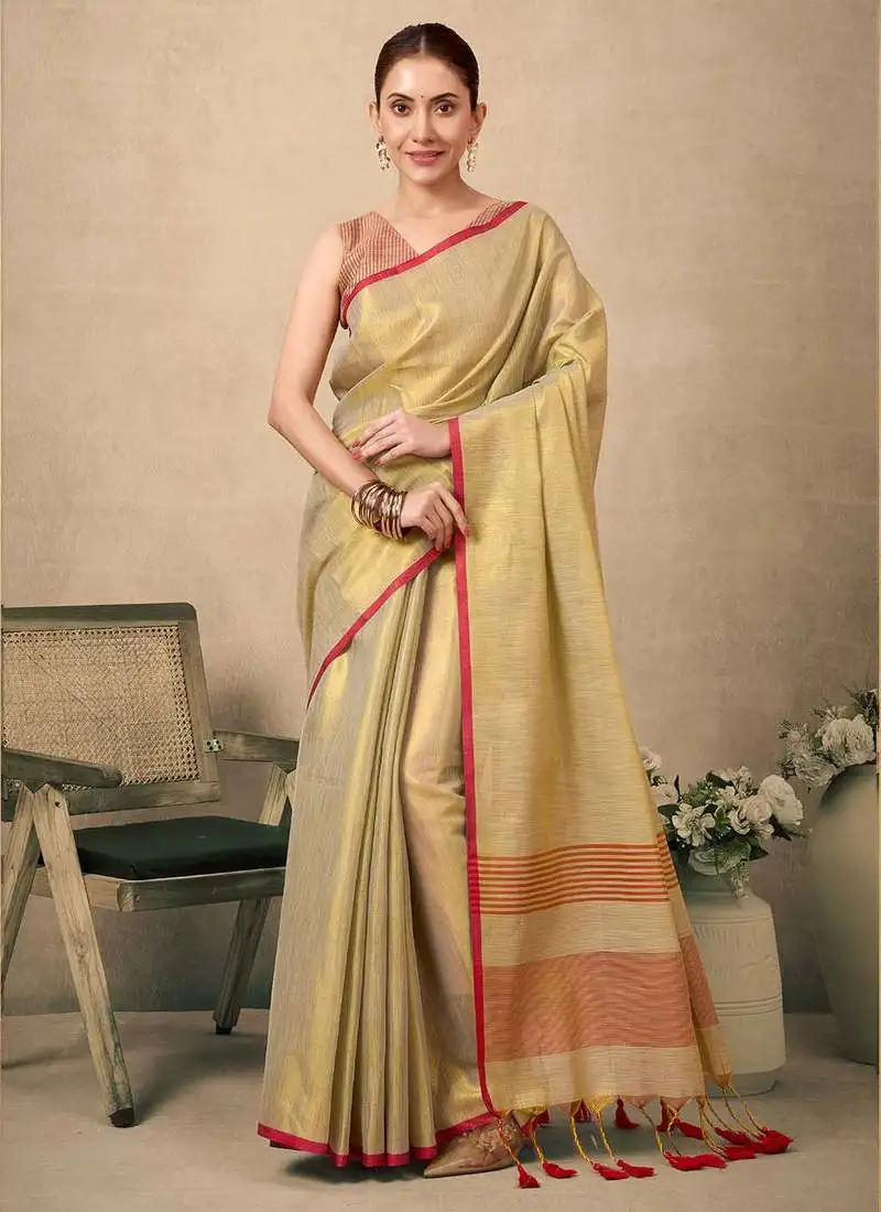 Lemon contrast weave pallu tissue silk saree with lining blouse