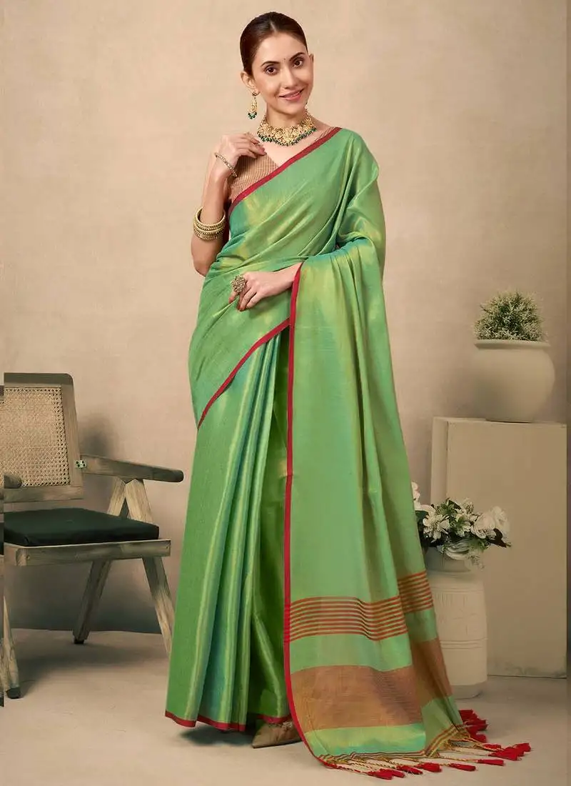 Light green contrast weave pallu tissue silk saree with lining blouse