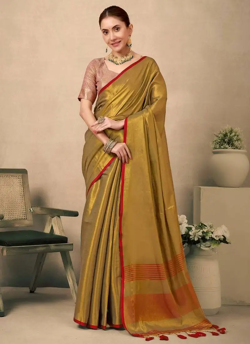 Mehendi contrast weave pallu tissue silk saree with lining blouse