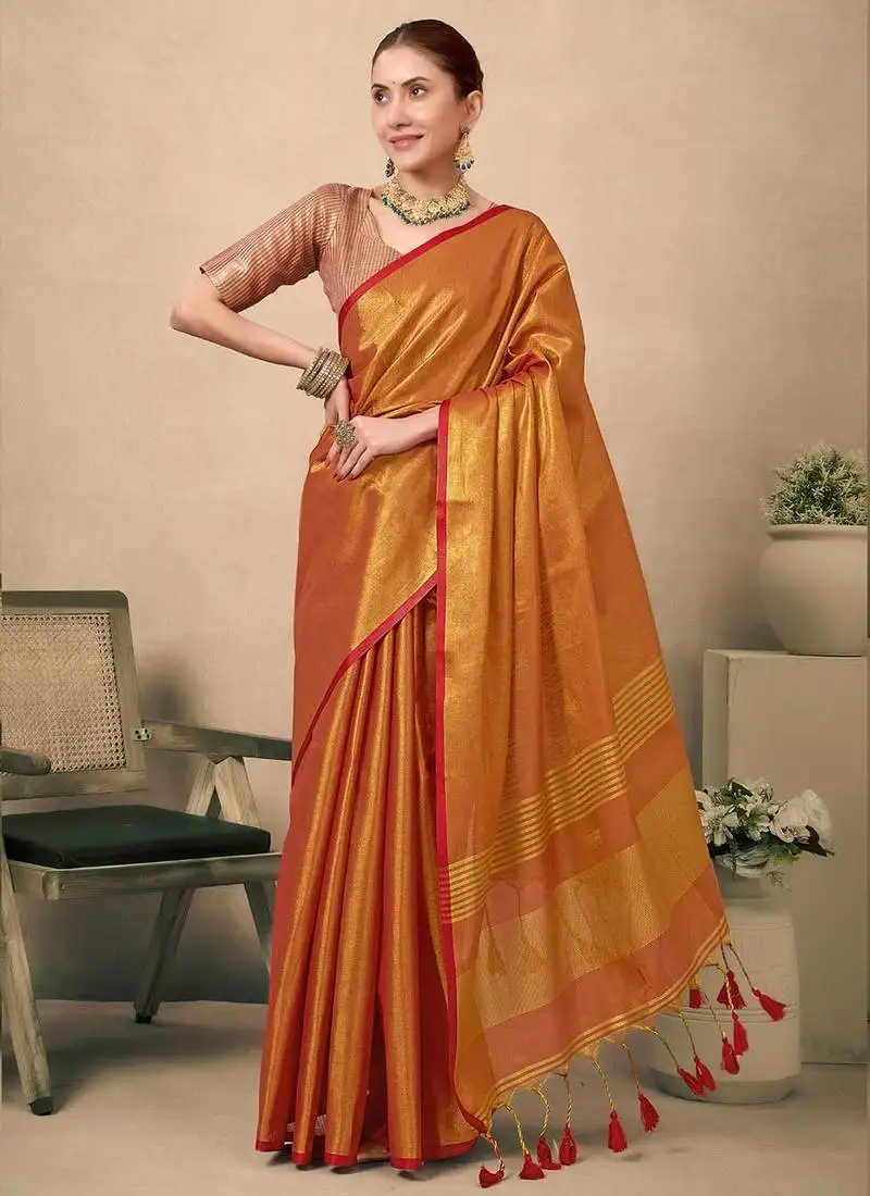 Kesar contrast weave pallu tissue silk saree with lining blouse
