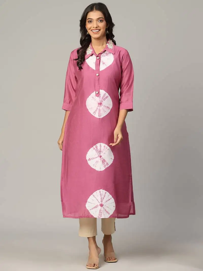 Pink sequence-moti-beads handwork & straight chanderi silk tie- dye kurti