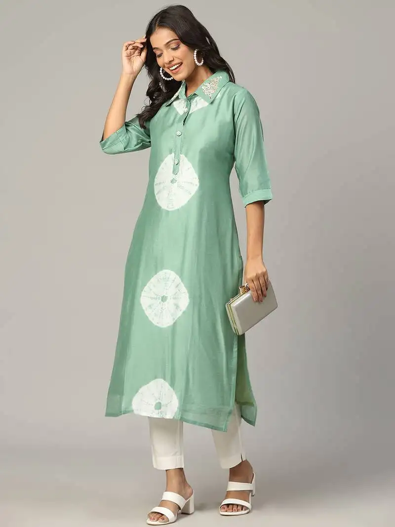 Pista sequence-moti-beads handwork & straight chanderi silk tie- dye kurti