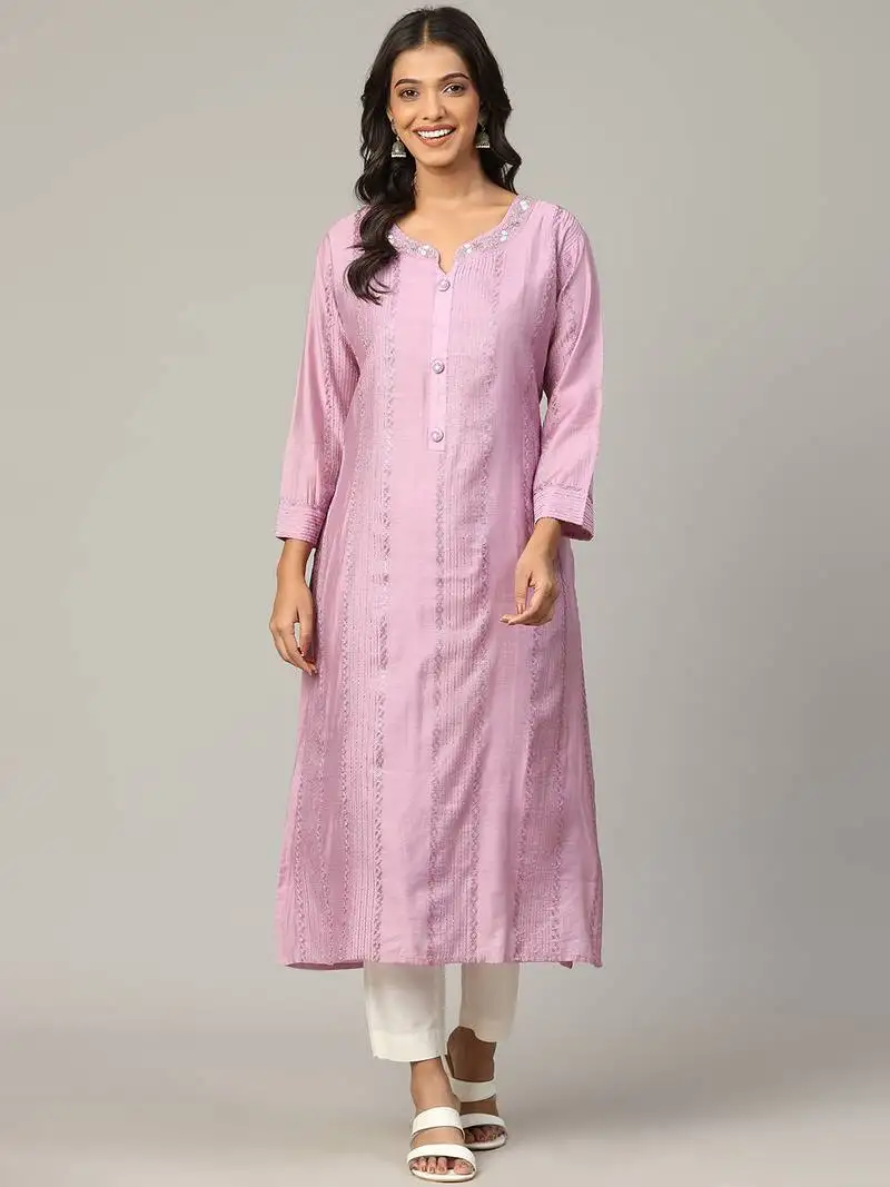 Lilac sequence-moti-beads handwork & straight chanderi silk crochet kurti