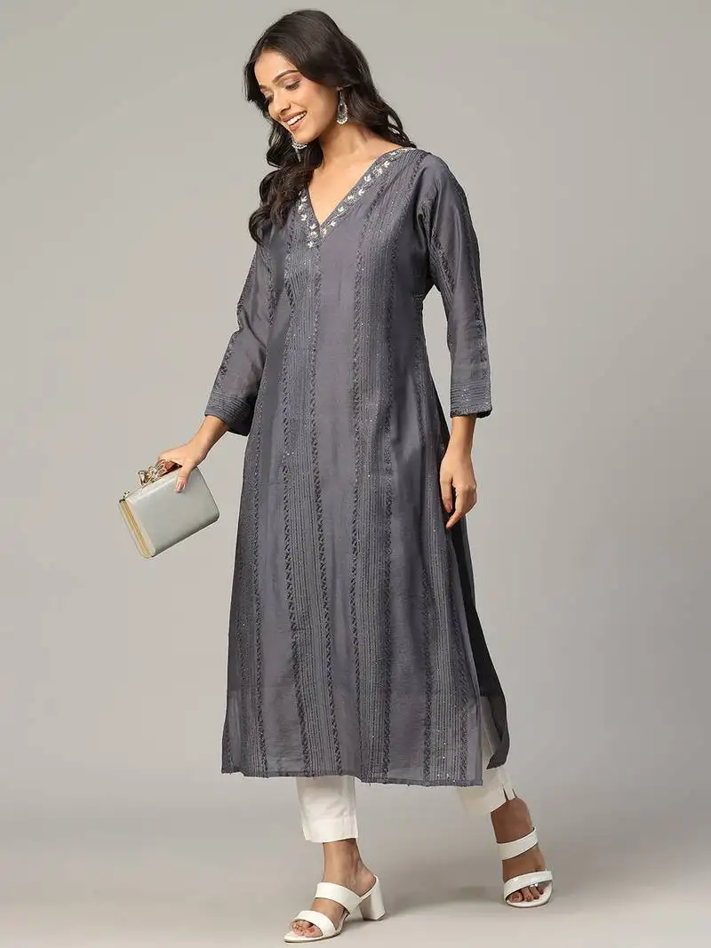 Grey sequence-moti-beads handwork & straight chanderi silk crochet kurti