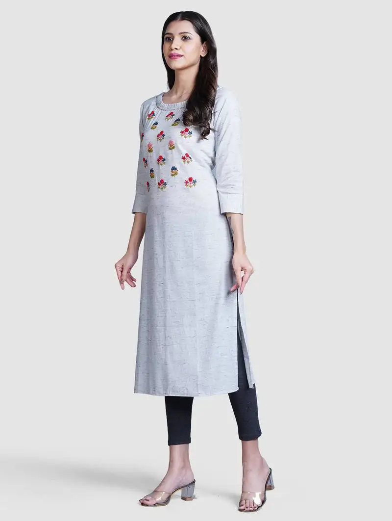 Grey thread work & straight khadi cotton kurti