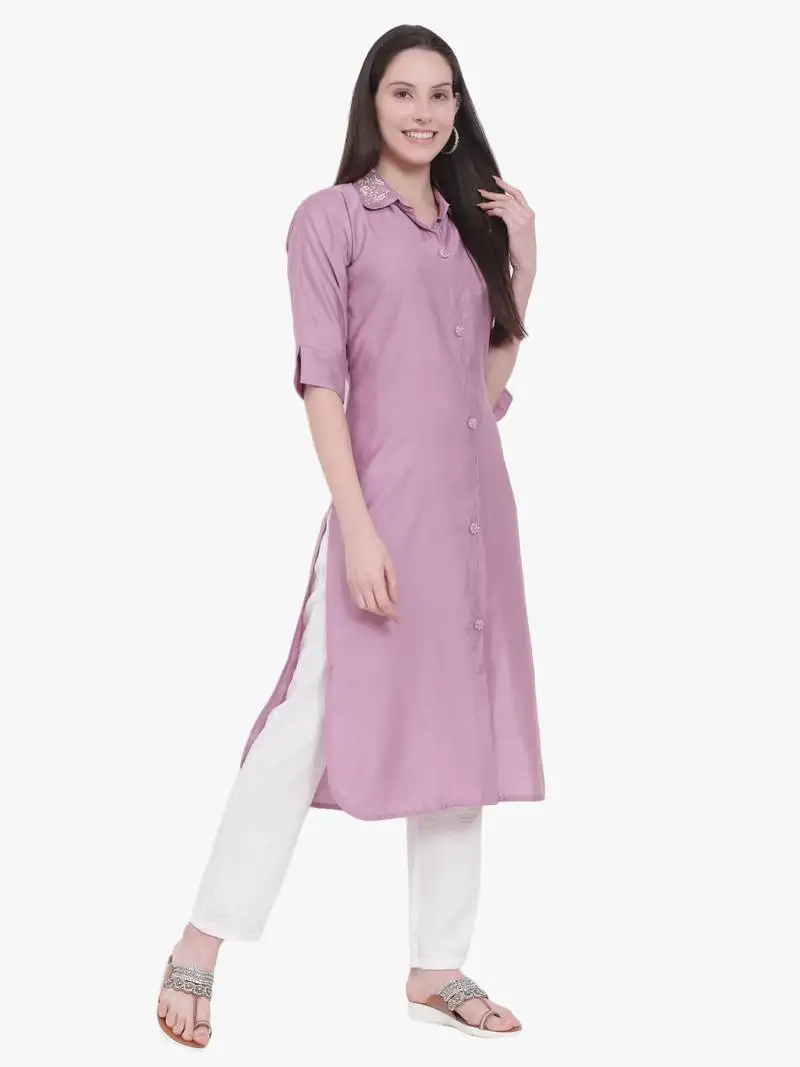 Lilac moti-beads handwork & straight verigan viscose silk kurti