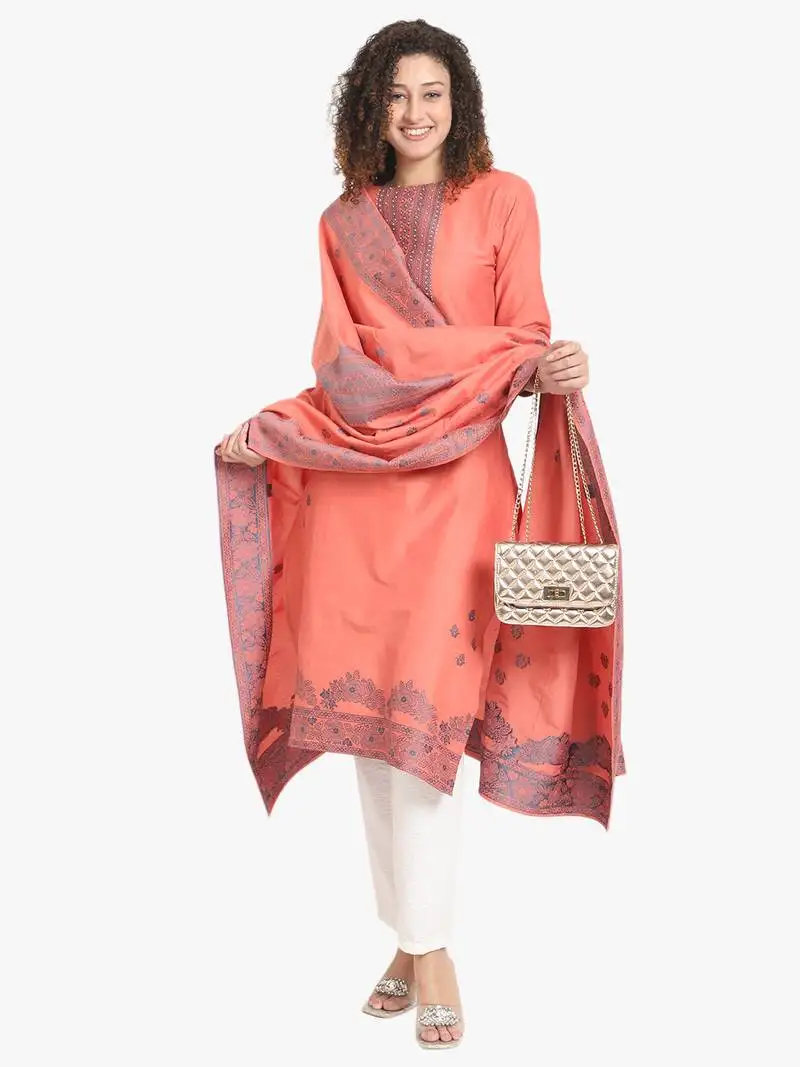 Peach self weaving moti handwork & straight pure cotton kurta & dupatta set