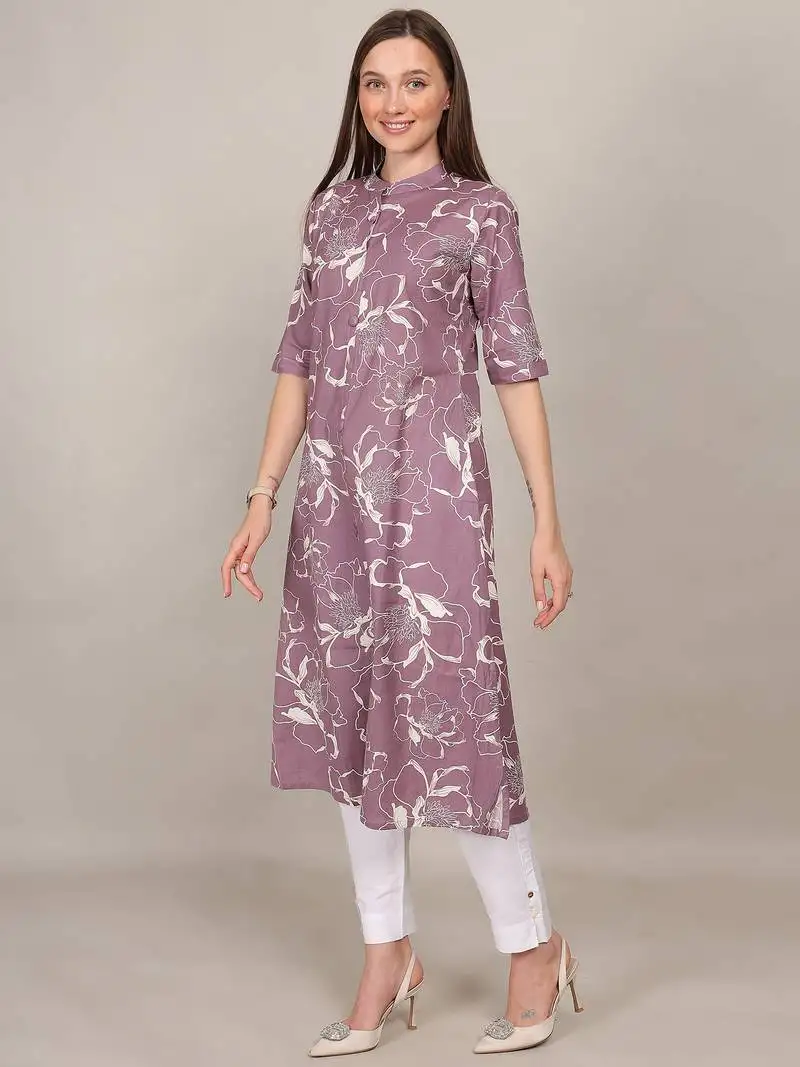 Mauve printed cotton flex chinese collar neck aline kurti