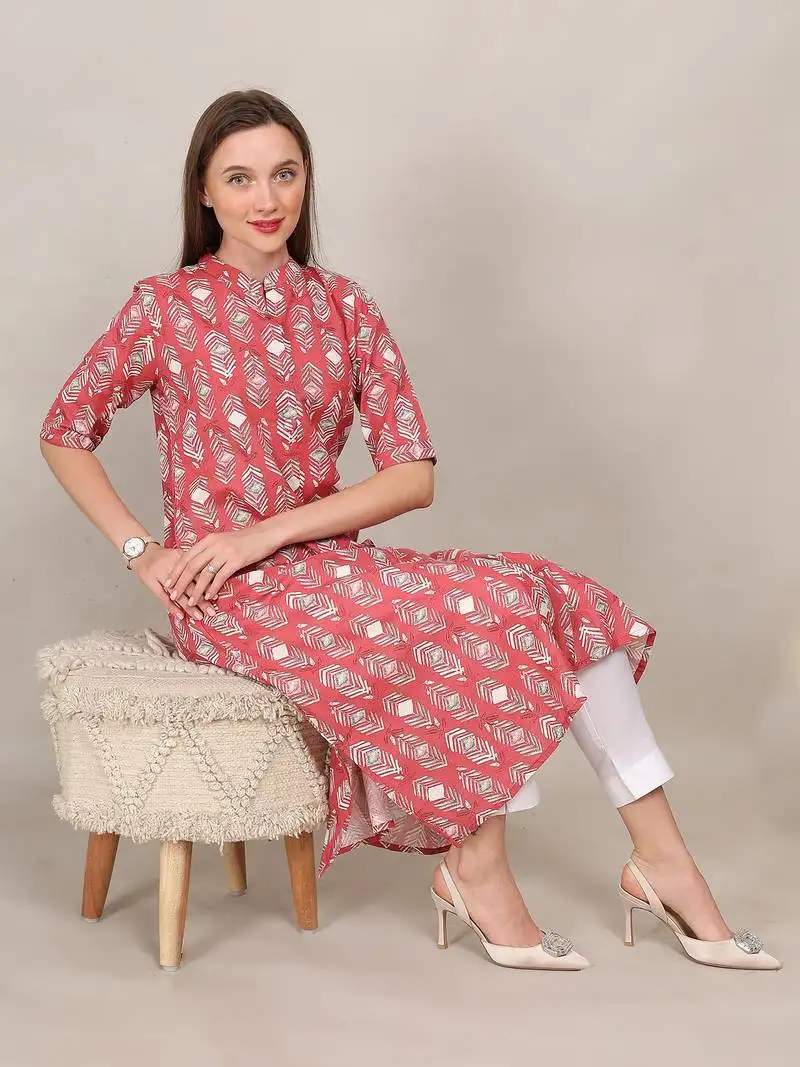 Red printed cotton flex halter collar neck aline kurti
