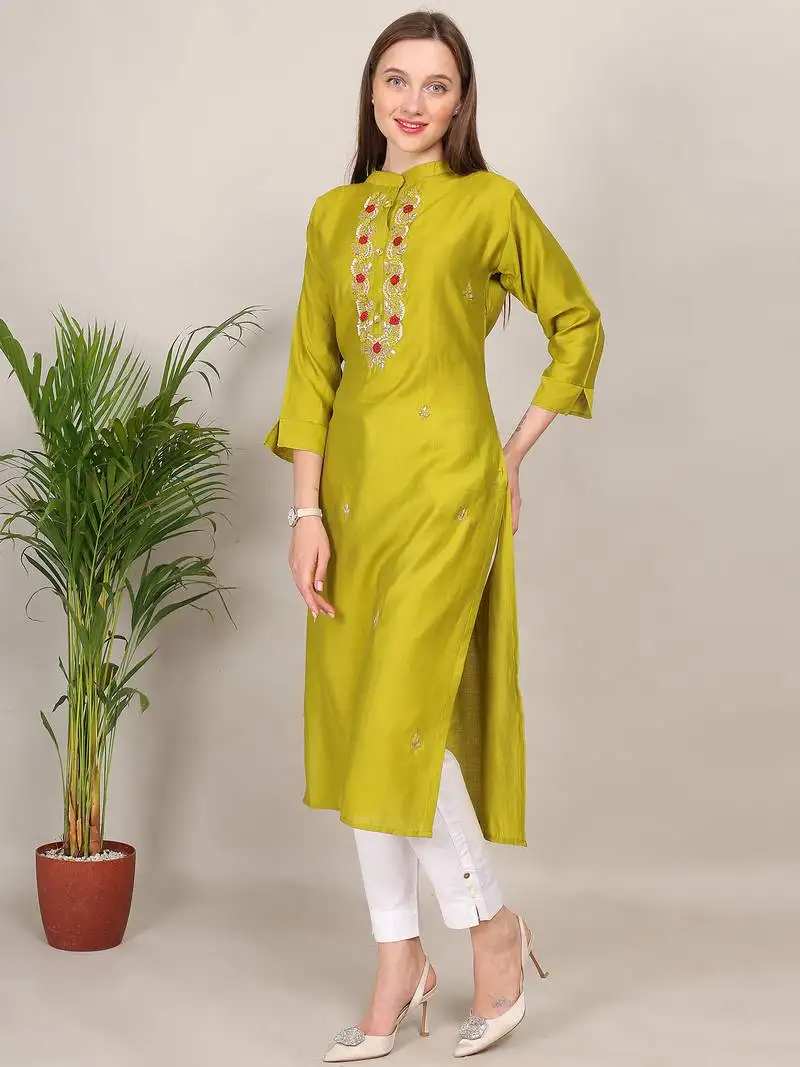 Yellow sequence-moti-beads handwork & straight vertigan silk kurti