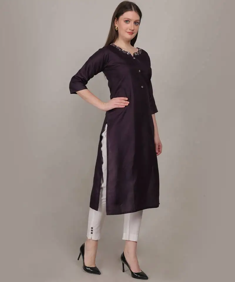 Plum moti-beads handwork & straight ruby cotton kurti