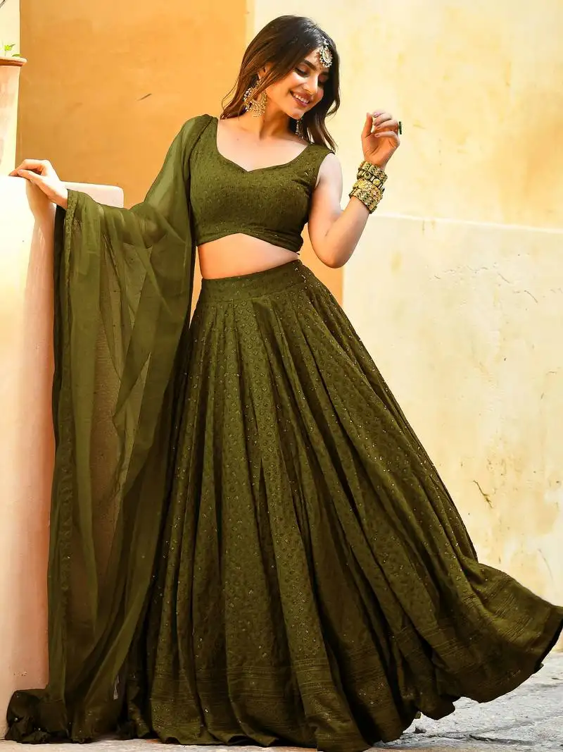 Olive green sequins georgette lehenga choli with dupatta