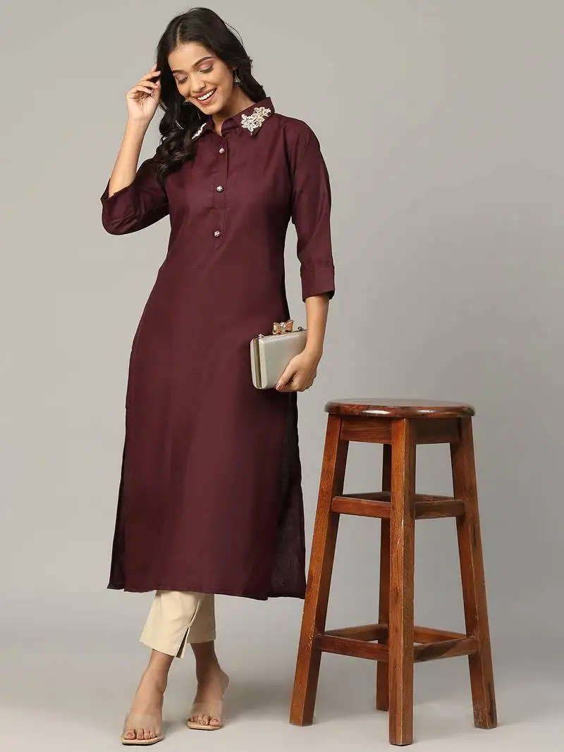 Maroon moti-beads handwork & straight cotton blend kurti