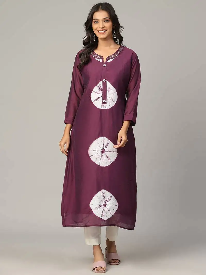 Megenta sequence-moti-beads handwork & straight chanderi silk tie- dye kurti