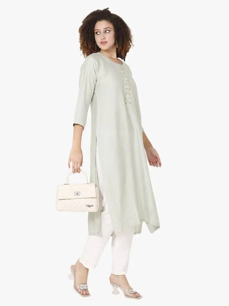 Pastel moti-beads handwork & straight viscose cotton silk kurti