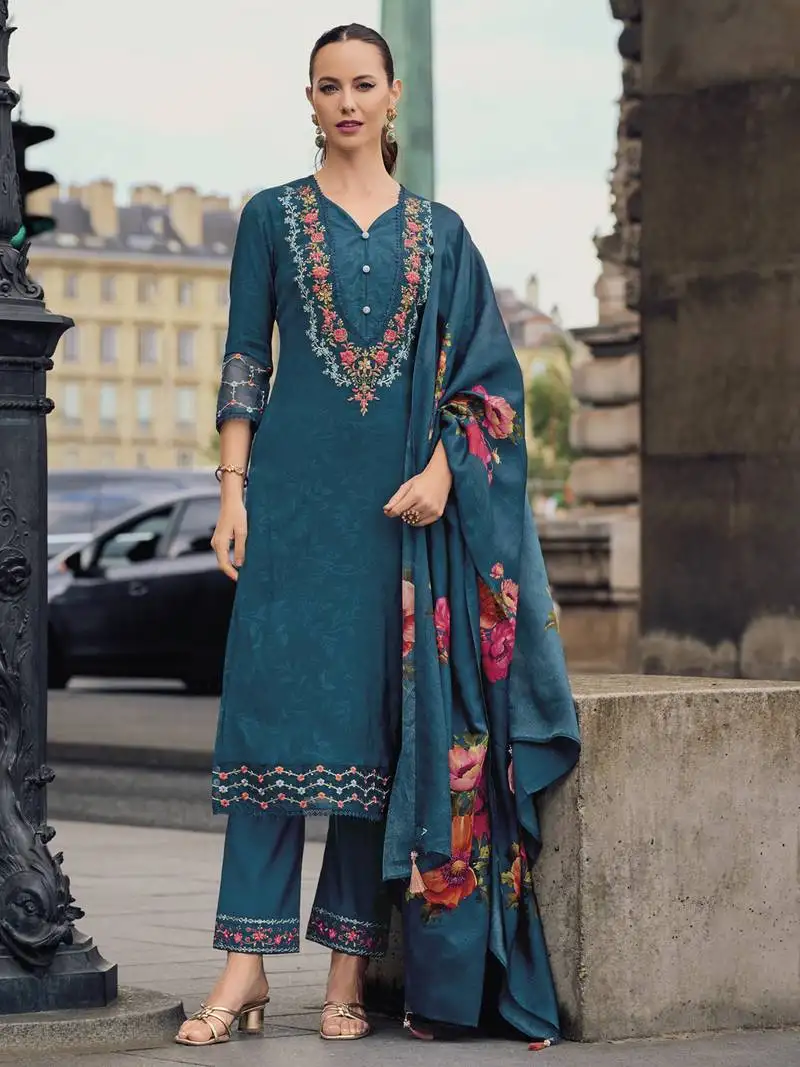 Teal color beautiful viscose silk embroidered ethnic kurta set