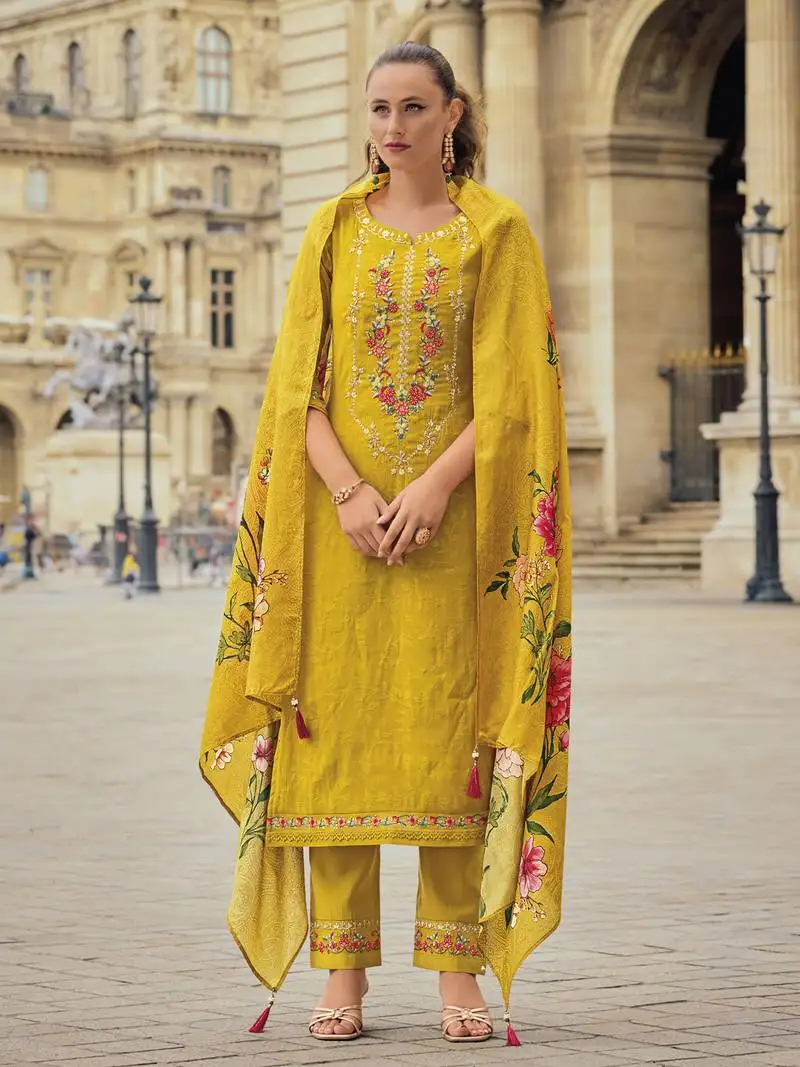 Yellow color beautiful viscose silk embroidered ethnic kurta set