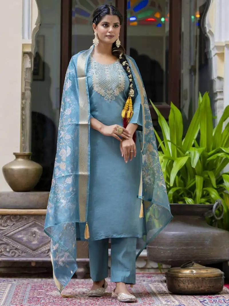 Teal blue color silk blend ethnic designer embroidered readymade salwar kameez