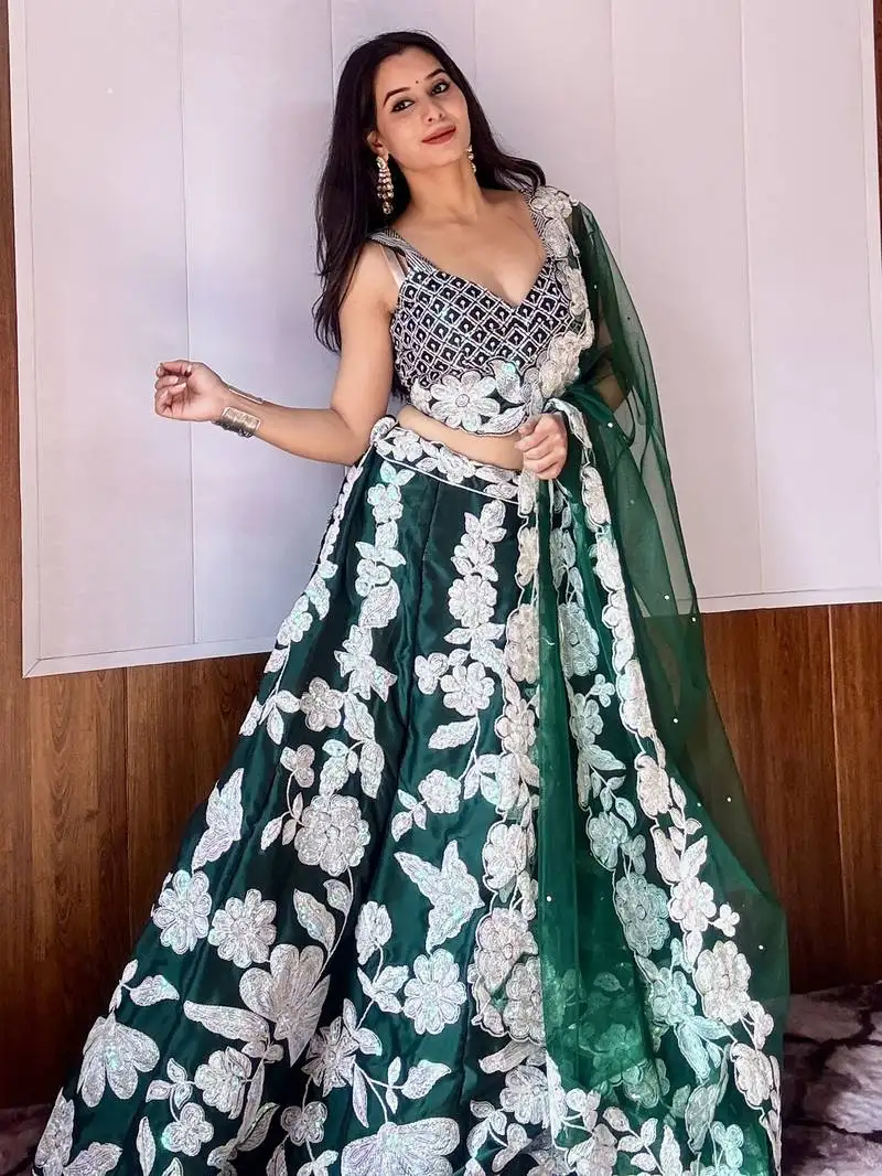 Green sequins georgette designer lehenga choli with dupatta