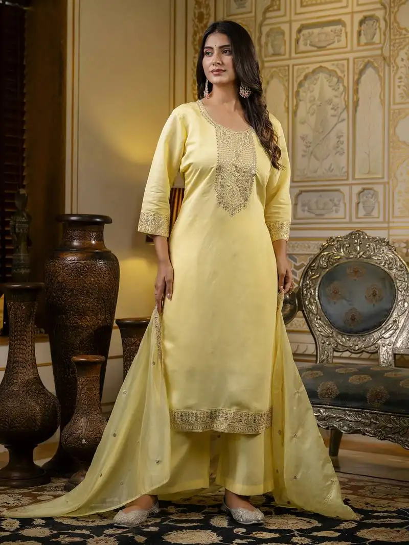 Yellow color silk blend ethnic designer embroidered readymade salwar kameez