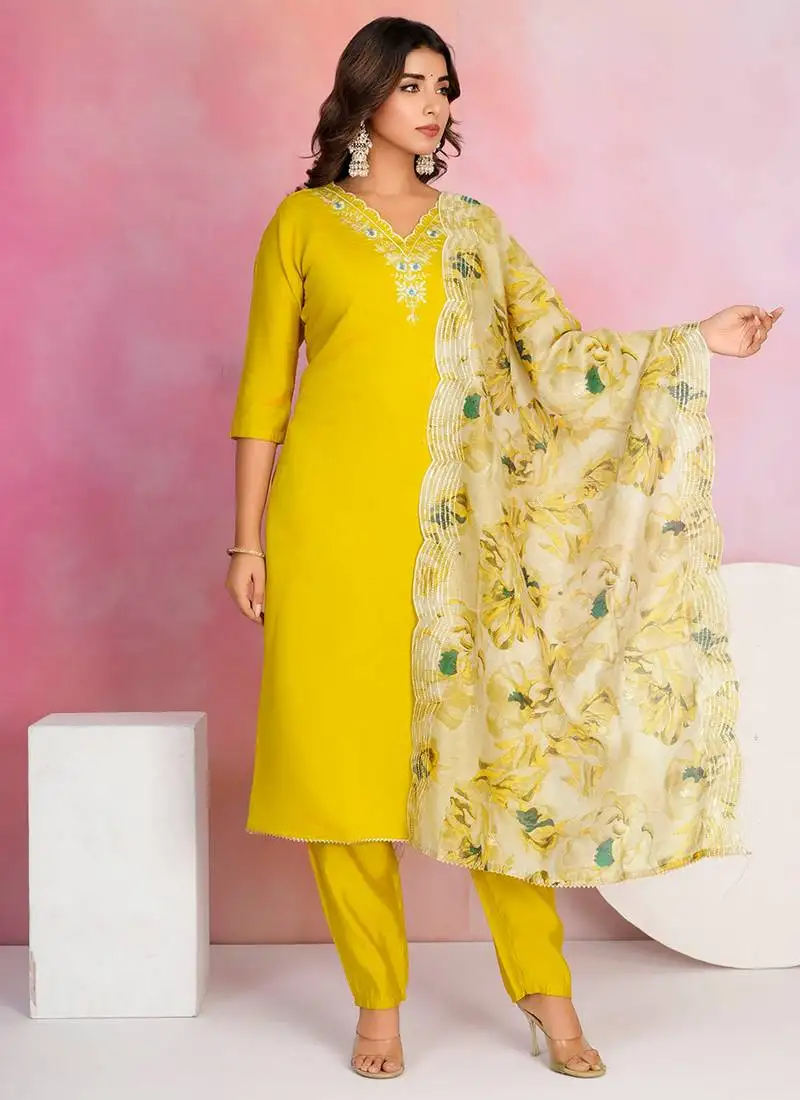 Yellow color chanderi fabric beautiful embroidered readymade kurta set