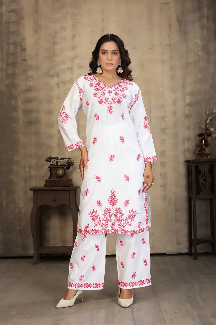 White color rayon slub chikankari embroidery work graceful kurta set