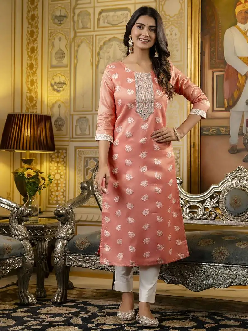 Gajri color shimmer silk designer embroidery work casual kurta