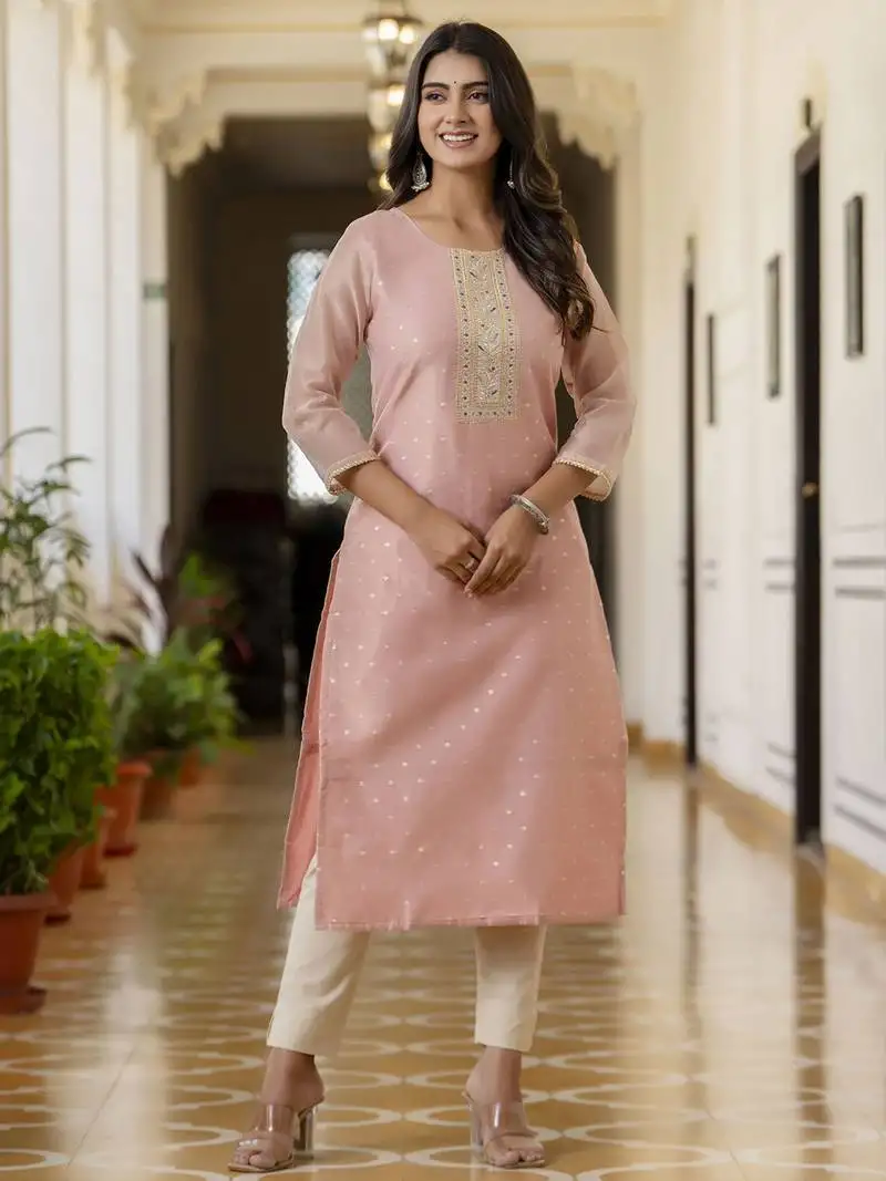 Baby pink color shimmer silk designer embroidery work formal kurta