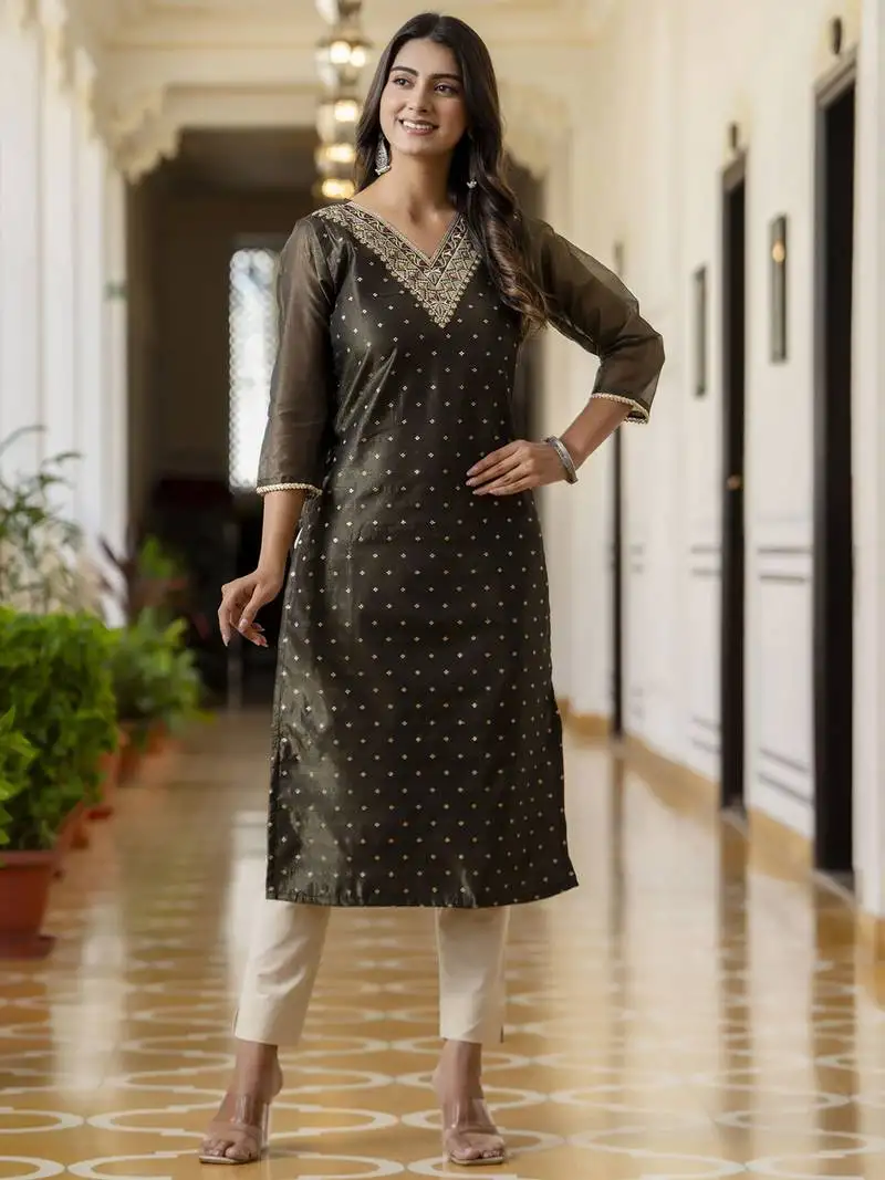 Black color shimmer silk designer embroidery work formal kurta