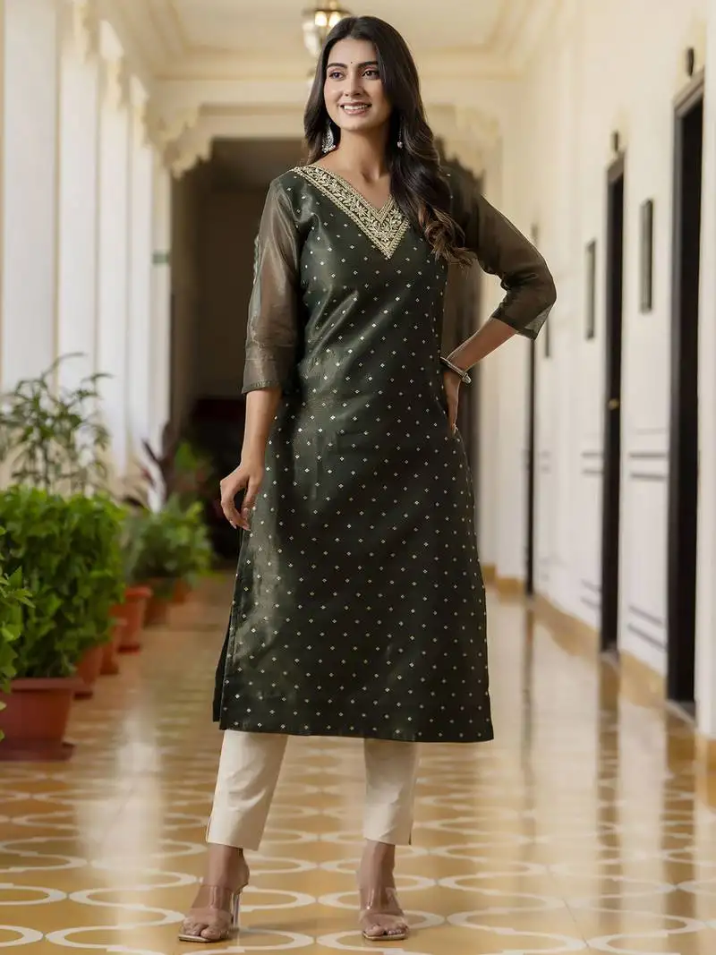 Bottel green color shimmer silk designer embroidery work formal kurta