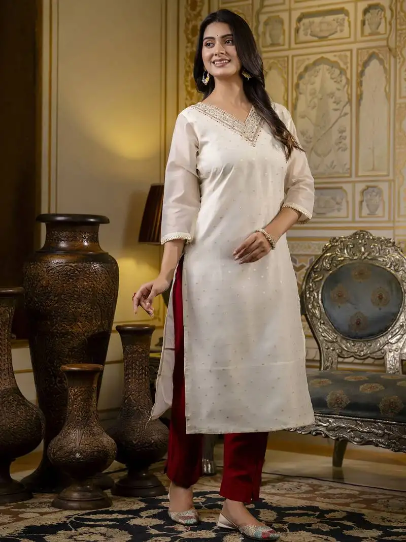 White color shimmer silk designer embroidery work formal kurta