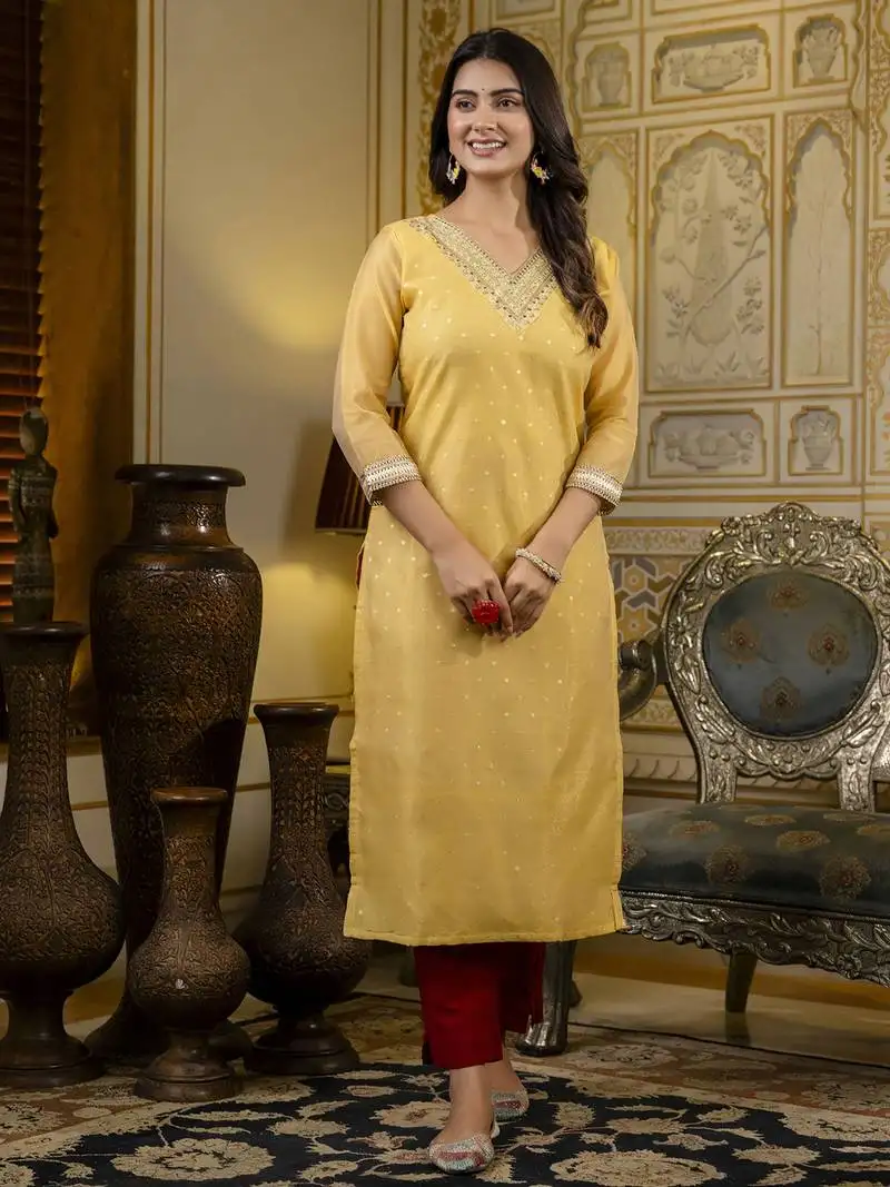 Yellow color shimmer silk designer embroidery work formal kurta