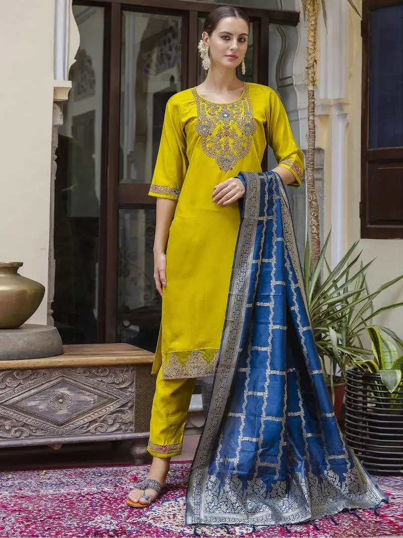 Yellow color viscose rayon ethnic ready to wear women's kurta set
