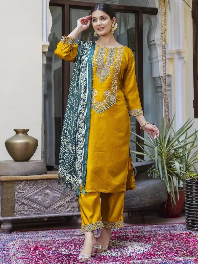 Yellow color silk blend ethnic ready to wear women's kurta set
