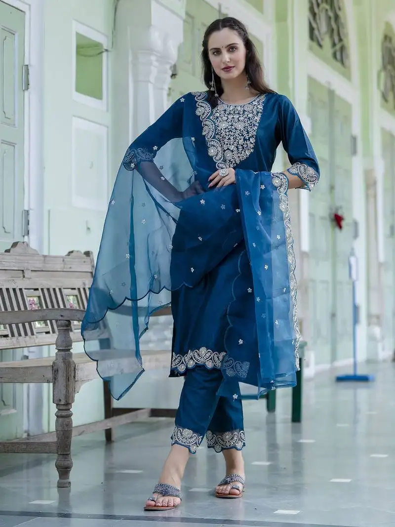 Teal color silk blend ethnic ready to wear women's kurta set