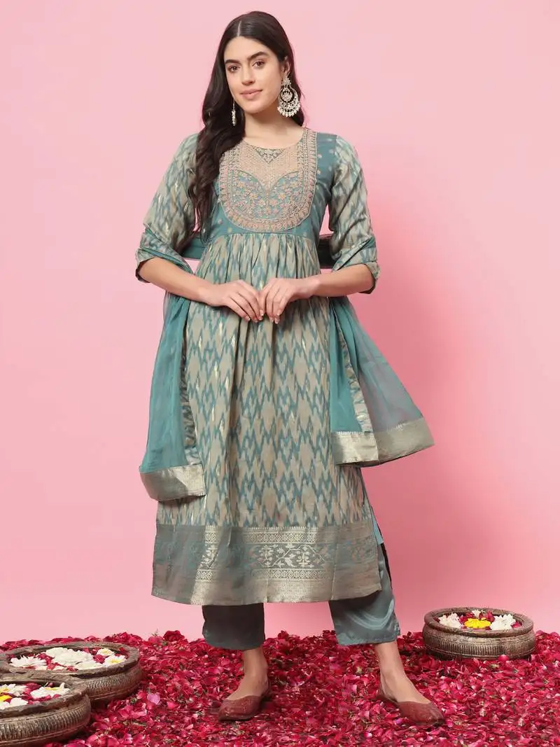 Sky blue color cotton silk graceful festive wear readymade suit with dupatta