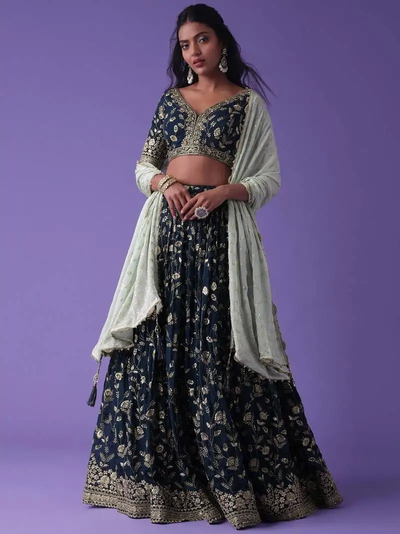 Blue dori work georgette wedding lehenga choli with dupatta