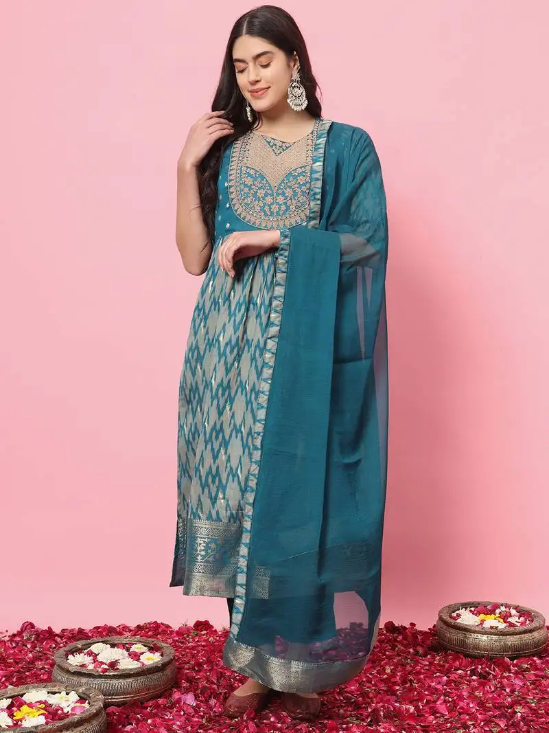 Teal blue color cotton silk graceful festive wear readymade suit with dupatta