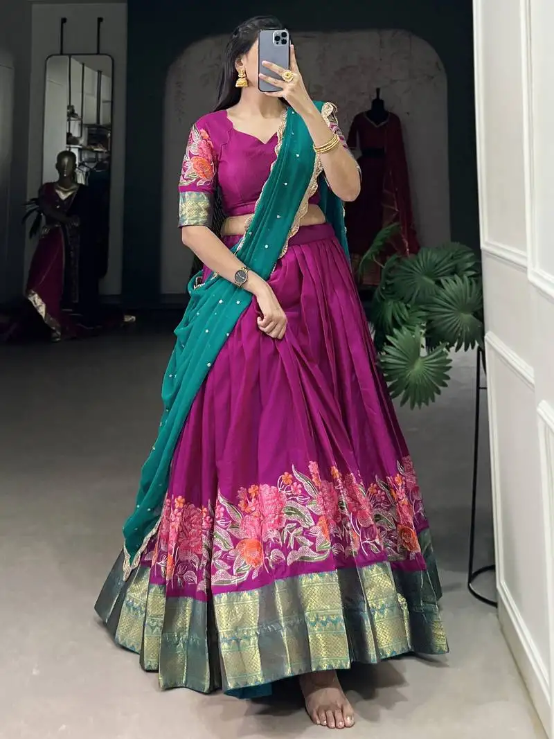 Rani pink embroidered cotton event wear half saree lehenga