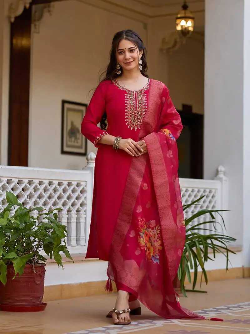 Red color viscose chanderi fabric partywear readymade kurta set