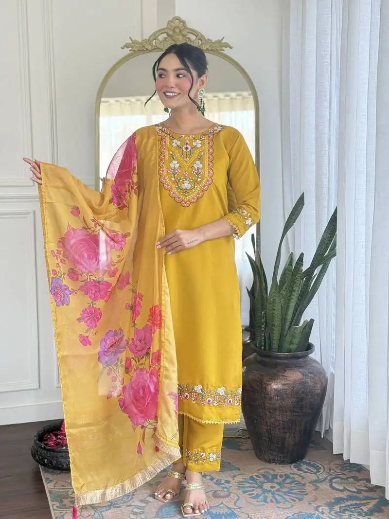 Yellow color chanderi fabric partywear readymade kurta set